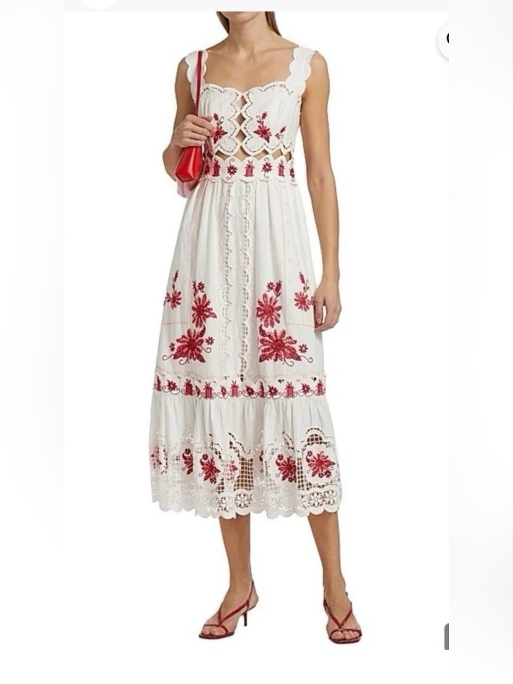 FARM Rio White Midi Skirt with Red Floral Embroidery
